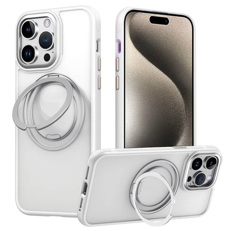 For iPhone 15 Pro Magnetic Case Rotating Gear Pivot Kickstand PC + TPU Phone Back Cover - Matte White