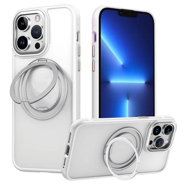 For iPhone 13 Pro Magnetic Case Rotating Gear Pivot Kickstand PC + TPU Phone Back Cover - Matte White