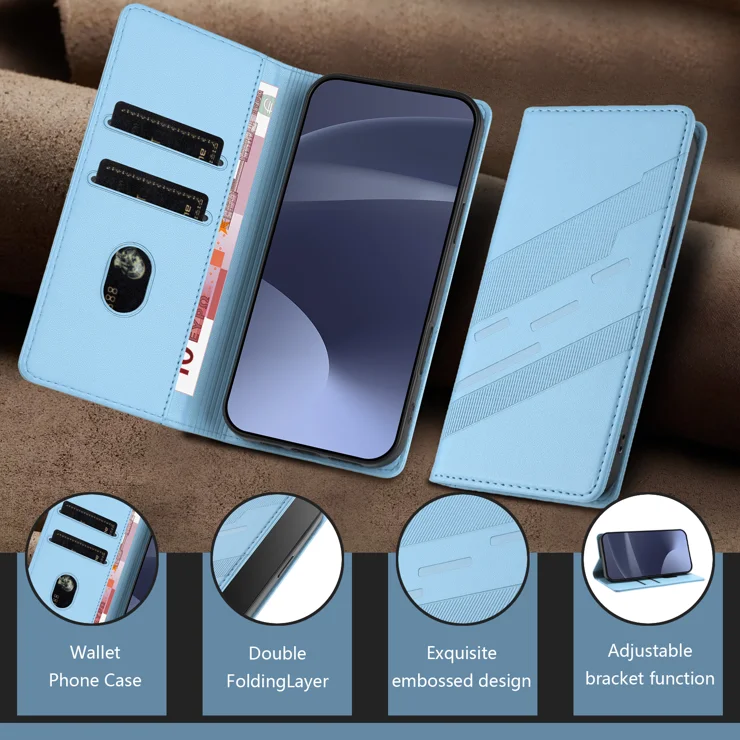 For iPhone 16 Plus Phone Cases Punk Style Imprinted Wallet Stand Leather Cover - Baby Blue