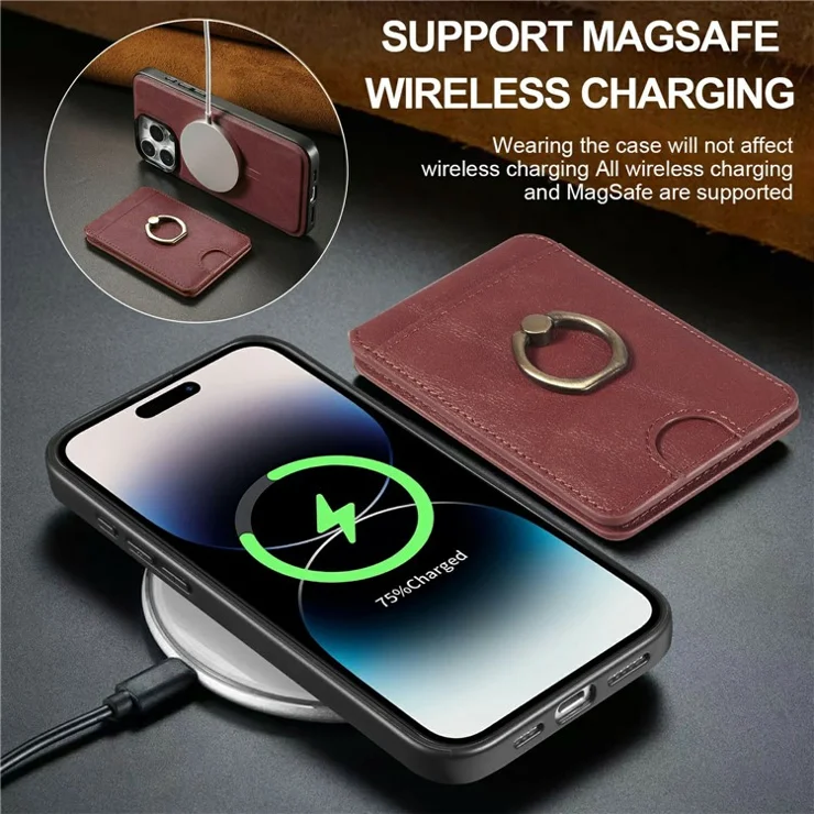For iPhone 15 Pro Max Magnetic Case PC + PU Phone Back Cover with Detachable Card Holder - Red