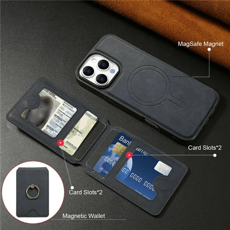 For iPhone 14 Pro Max Magnetic Case PC + PU Phone Back Cover with Detachable Card Holder - Blue
