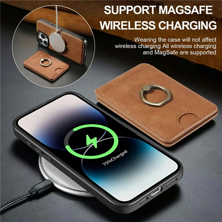 For iPhone 13 Pro Max Magnetic Case PC + PU Phone Back Cover with Detachable Card Holder - Brown