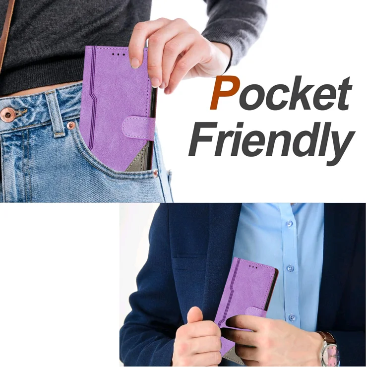 For iPhone 16 Plus Leather Case Triangle Patchwork Wallet Stand Shockproof Phone Cover - Purple