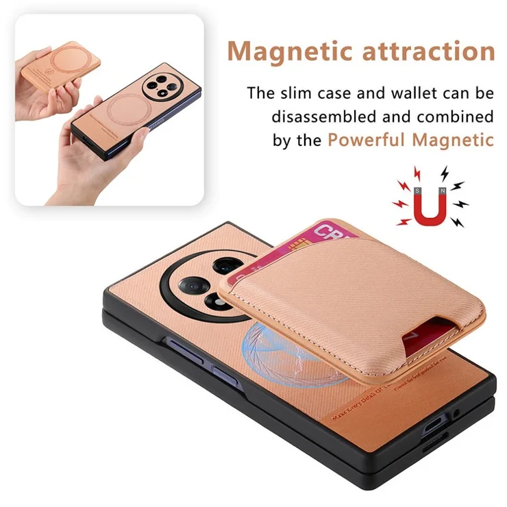 For Oppo Find N5 5G Magnetic Case Kickstand Denim Texture Leather Back Cover with Detachable Card Bag - Pink