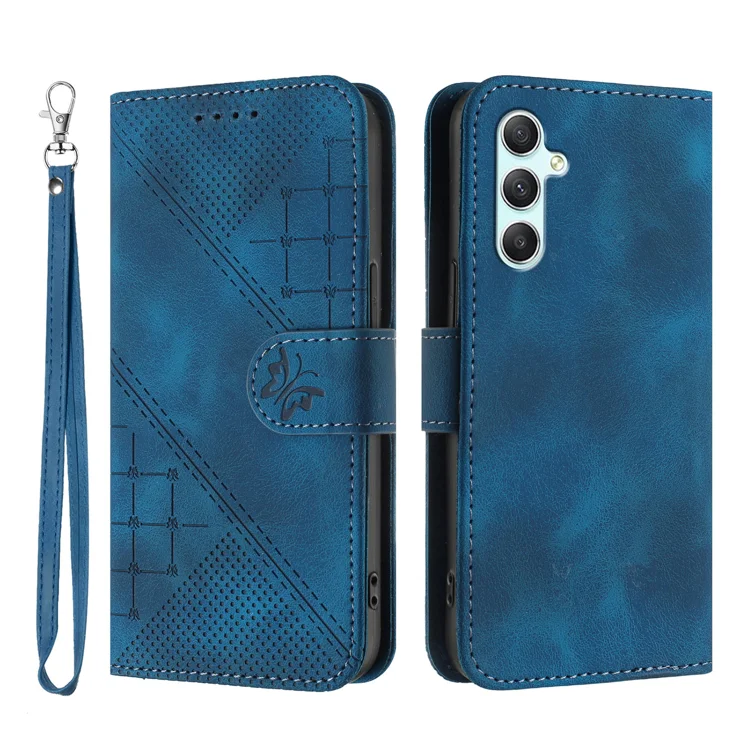 For Samsung Galaxy A34 5G Leather Wallet Case Butterfly Flower Imprinted Phone Cover with Strap - Royal Blue