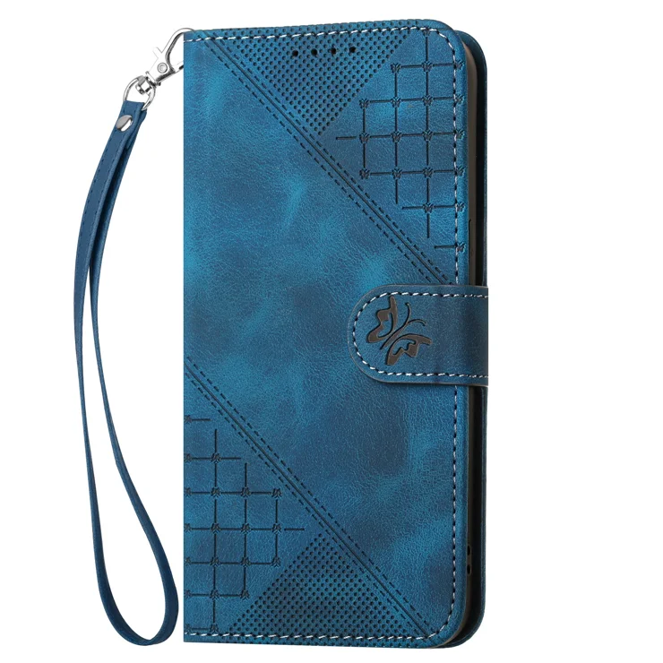 For Xiaomi Poco X6 5G / Xiaomi Redmi Note 13 Pro 5G Leather Wallet Case Butterfly Flower Imprinted Phone Cover with Strap - Royal Blue
