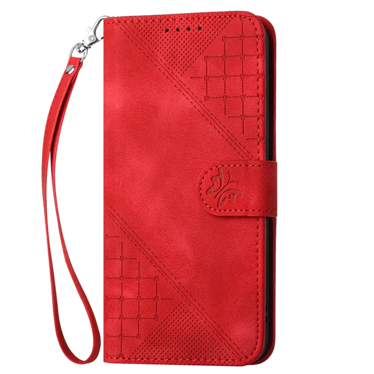 For Xiaomi Redmi Note 13 4G Leather Wallet Case Butterfly Flower Imprinted Phone Cover with Strap - Red