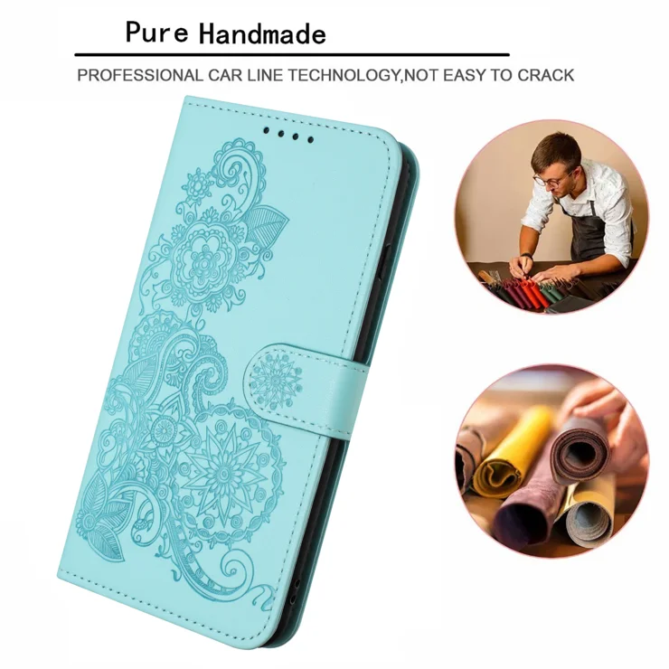 For Samsung Galaxy A06 5G / Galaxy A06 4G Phone Cases Mandala Flower Leather Wallet Mobile Cover with Strap - Light Blue
