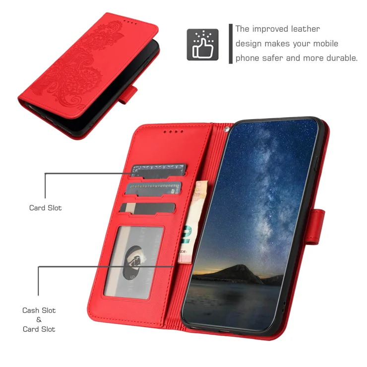 For Motorola Moto G Play (2024) 4G Phone Cases Mandala Flower Leather Wallet Mobile Cover with Strap - Red