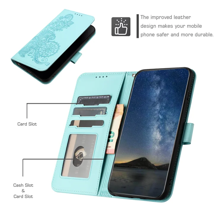 For iPhone 16 Plus Phone Cases Mandala Flower Leather Wallet Mobile Cover with Strap - Light Blue