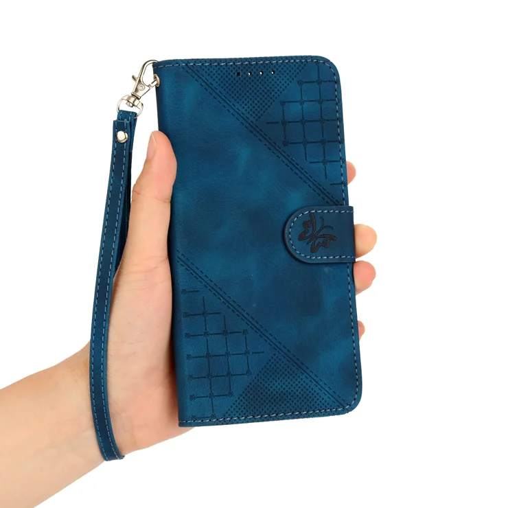 For Honor 200 Lite Leather Wallet Case Butterfly Flower Imprinted Phone Cover with Strap - Royal Blue
