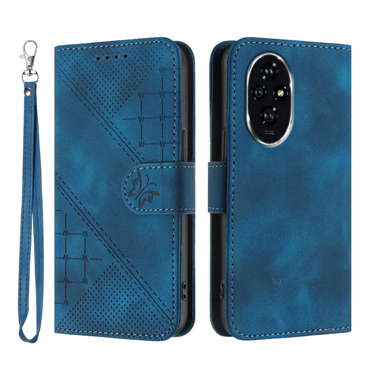 For Honor 200 5G Leather Wallet Case Butterfly Flower Imprinted Phone Cover with Strap - Royal Blue