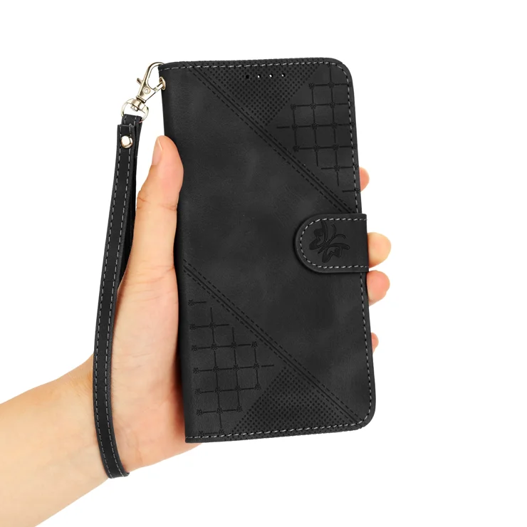 For Honor 200 5G Leather Wallet Case Butterfly Flower Imprinted Phone Cover with Strap - Black