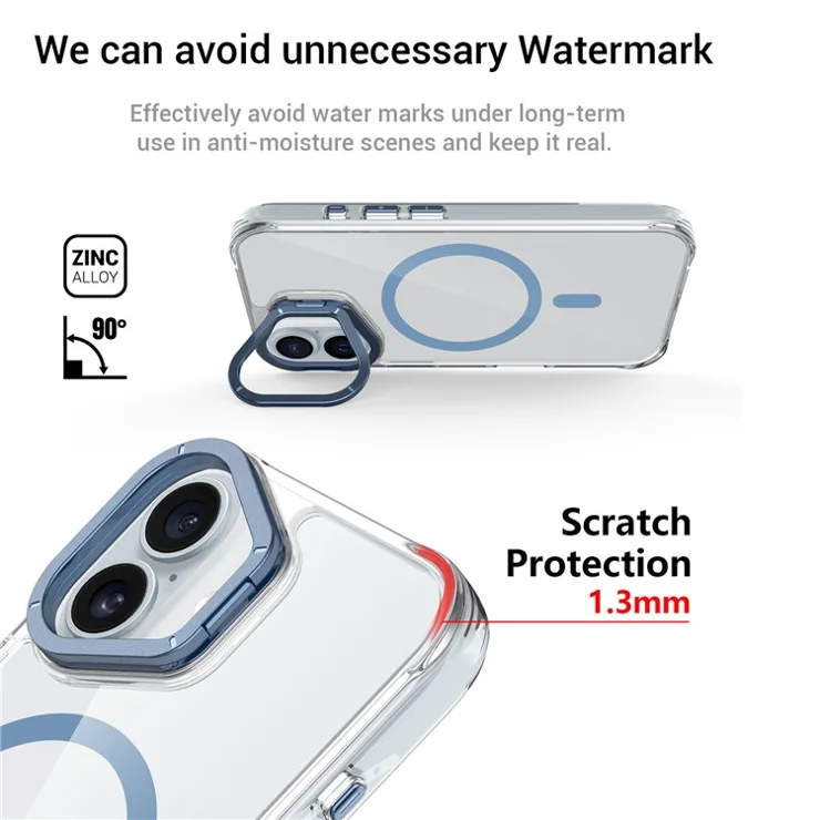For iPhone 16 Magnetic Case Shockproof TPU + PC Phone Back Cover with Metal Lens Kickstand - Blue
