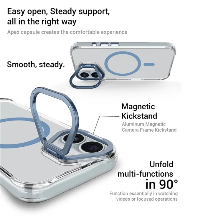 For iPhone 16 Magnetic Case Shockproof TPU + PC Phone Back Cover with Metal Lens Kickstand - Blue