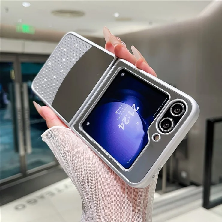 For Samsung Galaxy Z Flip6 5G Case Mirror Surface TPU + PC Shockproof Phone with Metal Lens Frame - Silver