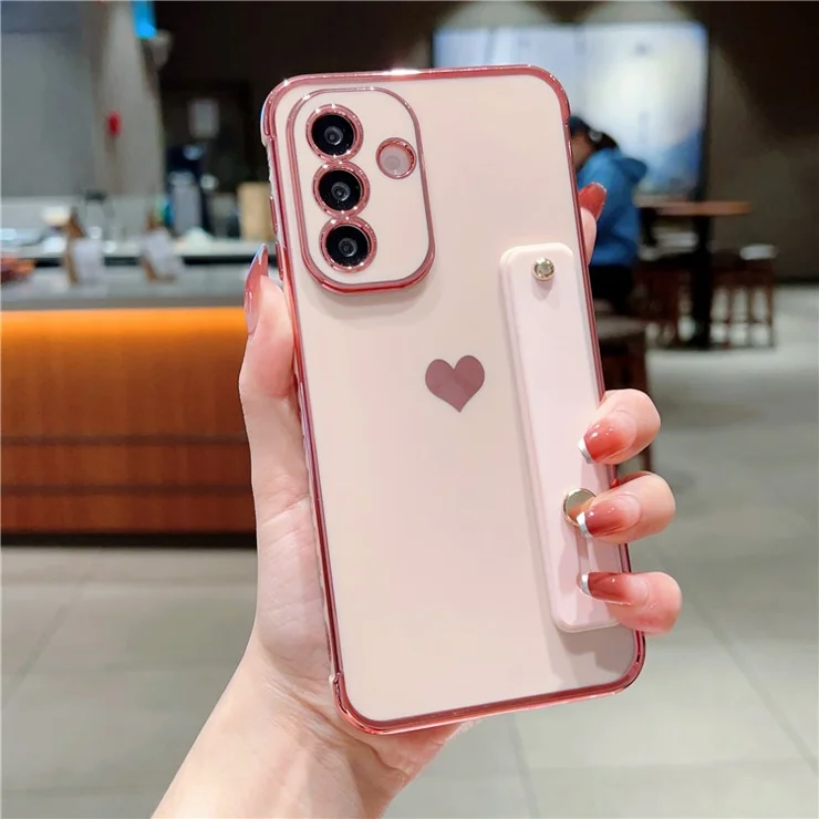 For Samsung Galaxy S25 / S24 Case with Strip Kickstand Electroplating Edge Love Heart Soft TPU Phone Cover - Pink