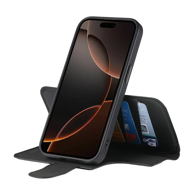 CASENEO MW-07 For iPhone 14 Pro Max Magnetic Case RFID Blocking Wallet Stand Leather Phone Cover with Wristband - Black