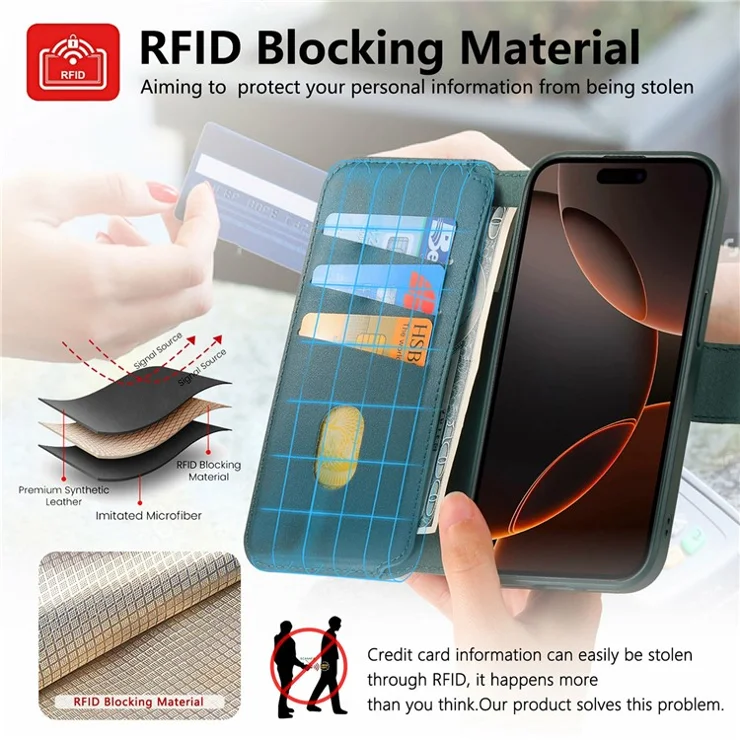 CASENEO MW-07 For iPhone 14 Pro Max Magnetic Case RFID Blocking Wallet Stand Leather Phone Cover with Wristband - Green