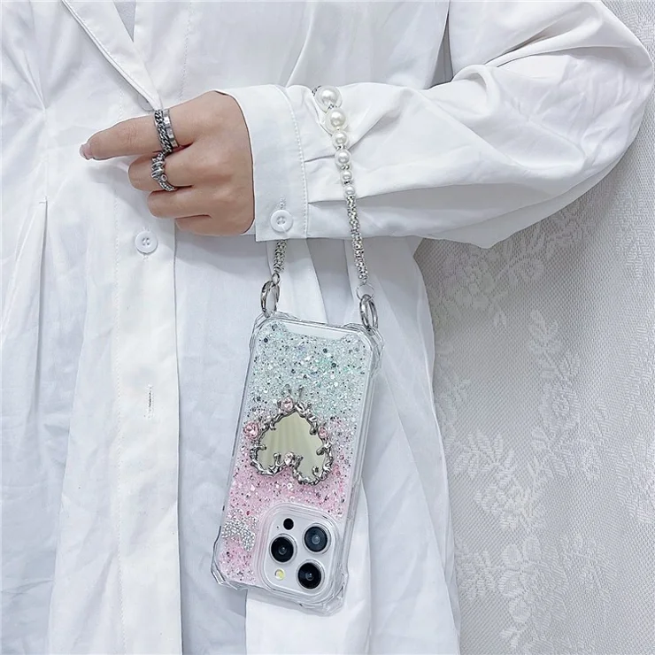 For iPhone 15 Pro Max Case with Strap, Mirror Epoxy Glitter TPU + Acrylic Phone Back Cover - Pink / Green