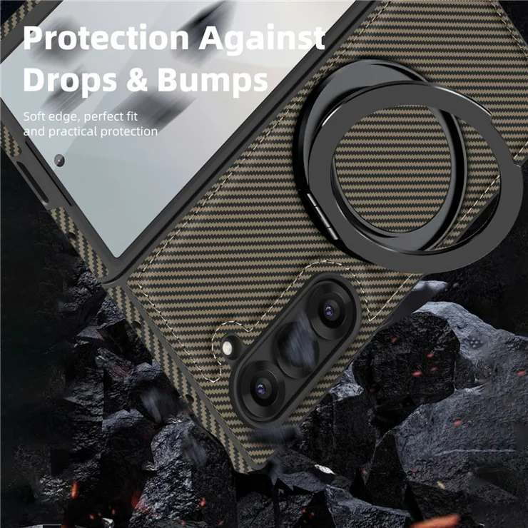 For Samsung Galaxy Z Fold6 5G Magnetic Case Carbon Fiber Texture PU+TPU Kickstand Phone Cover - Coffee