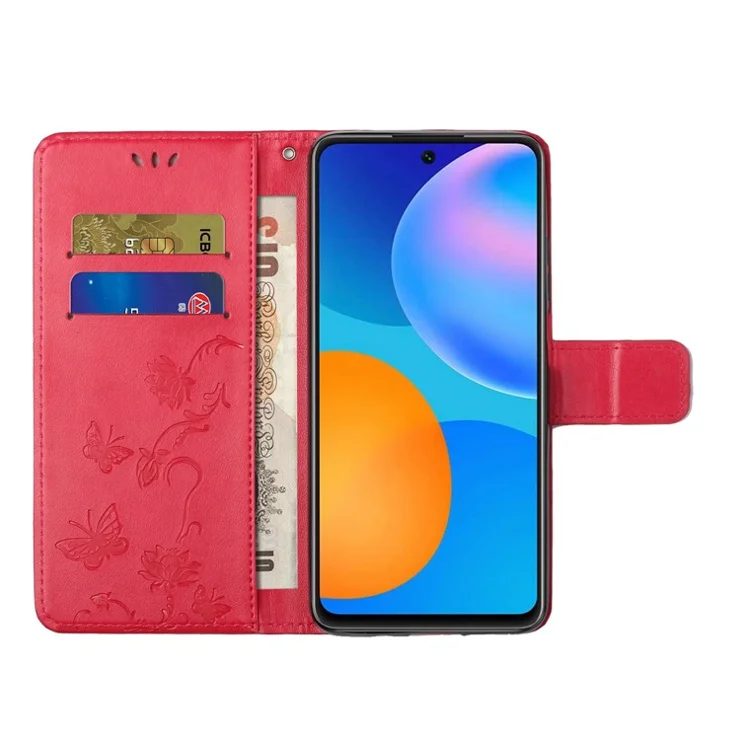 For Xiaomi 12T 5G / Redmi K50 Ultra 5G / 12T Pro 5G Butterfly Flower Imprinted PU Leather Phone Case Wallet Stand Full Protection Cover - Red