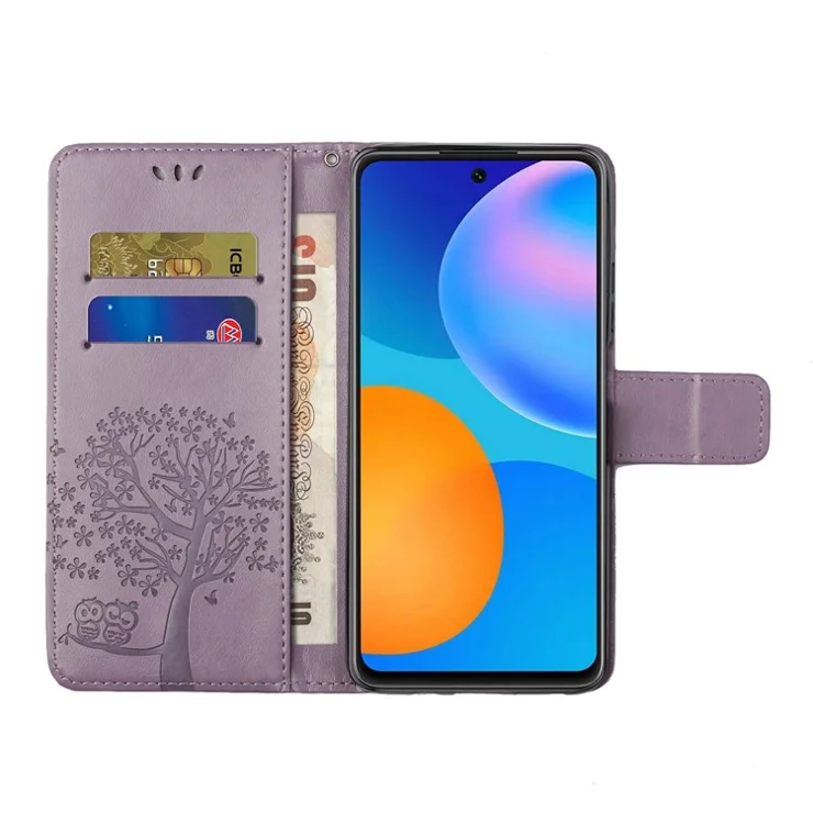 For Xiaomi 12T 5G / Redmi K50 Ultra 5G / 12T Pro 5G PU Leather Imprinted Owl Tree Pattern Phone Case Anti-scratch Wallet Stand Magnetic Clasp Cover - Purple