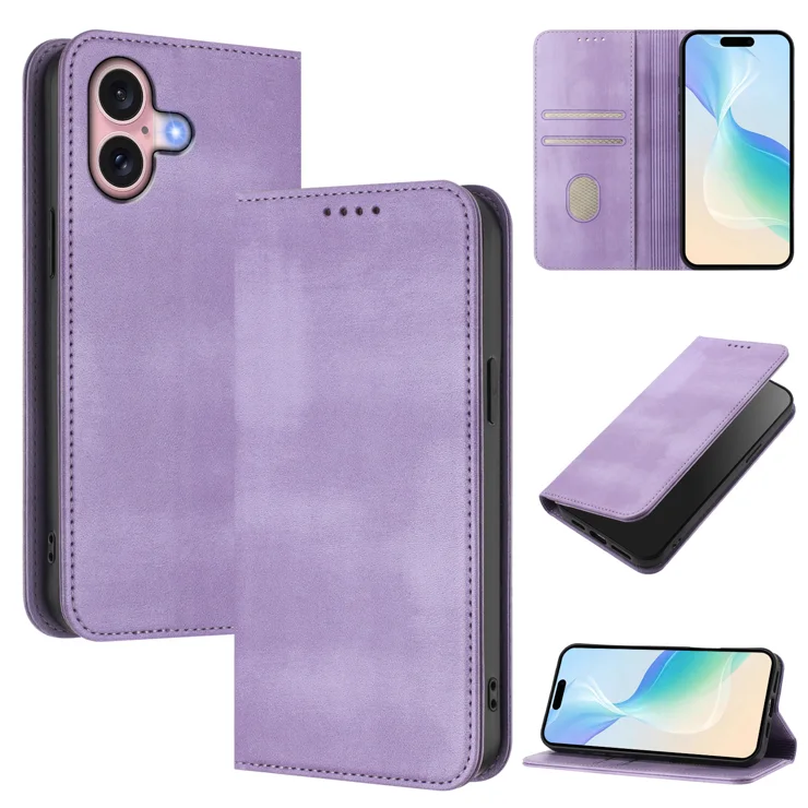 For iPhone 16 Wallet Cases Retro Texture RFID Blocking Leather Phone Cover - Light Purple