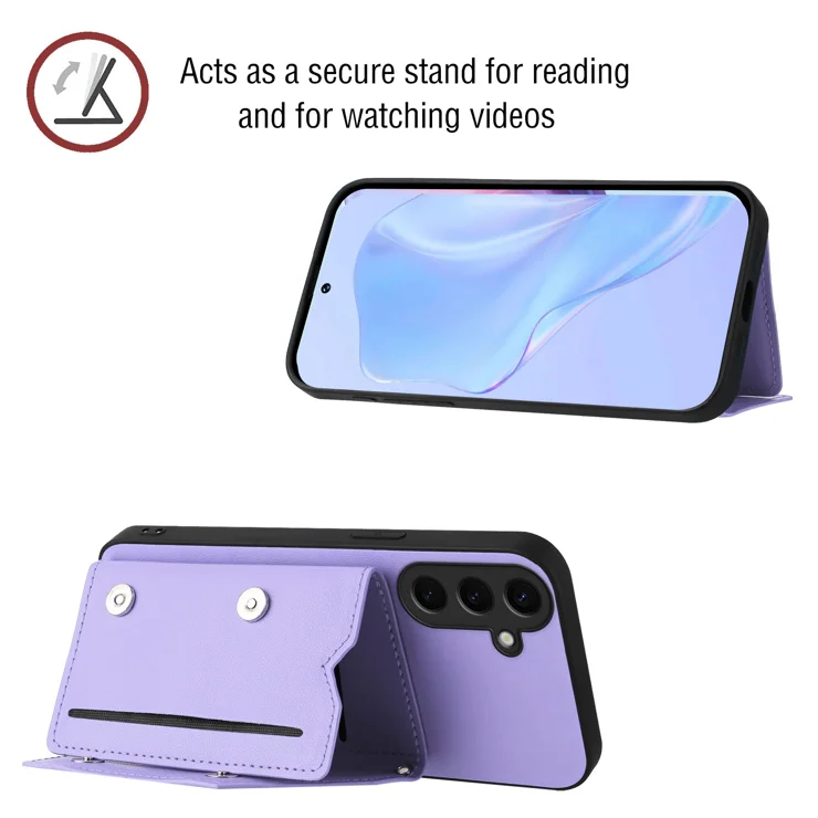 For Samsung Galaxy S24 Case Card Holder Kickstand Skin-Touch Phone Cover with Wrist Strap - Light Purple