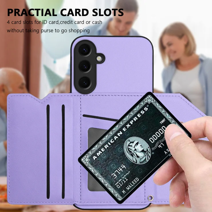 For Samsung Galaxy S24 Case Card Holder Kickstand Skin-Touch Phone Cover with Wrist Strap - Light Purple