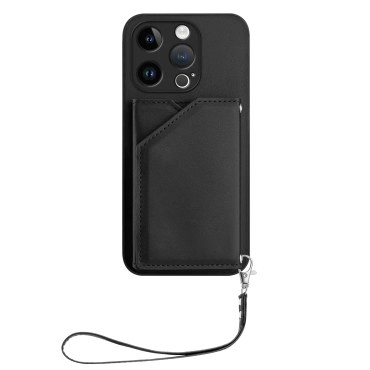 For iPhone 15 Pro Case Card Holder Kickstand Skin-Touch Phone Cover with Wrist Strap - Black