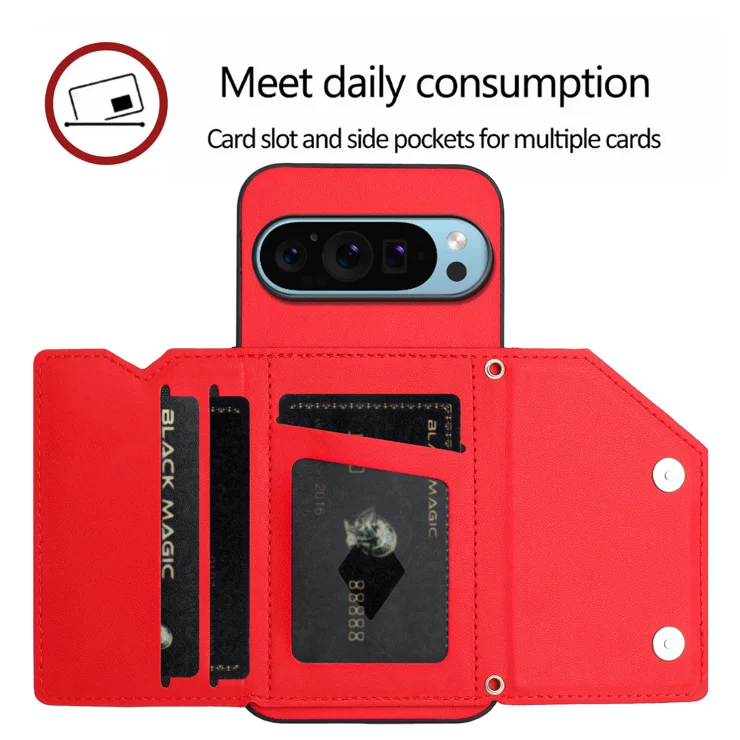 For Google Pixel 9 Case Card Holder Kickstand Skin-Touch Phone Cover with Wrist Strap - Red