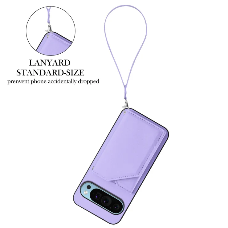 For Google Pixel 9 Case Card Holder Kickstand Skin-Touch Phone Cover with Wrist Strap - Light Purple
