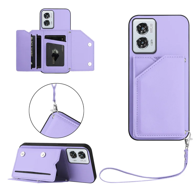 For Motorola Edge 50 Fusion 5G Case Card Holder Kickstand Skin-Touch Phone Cover with Wrist Strap - Light Purple