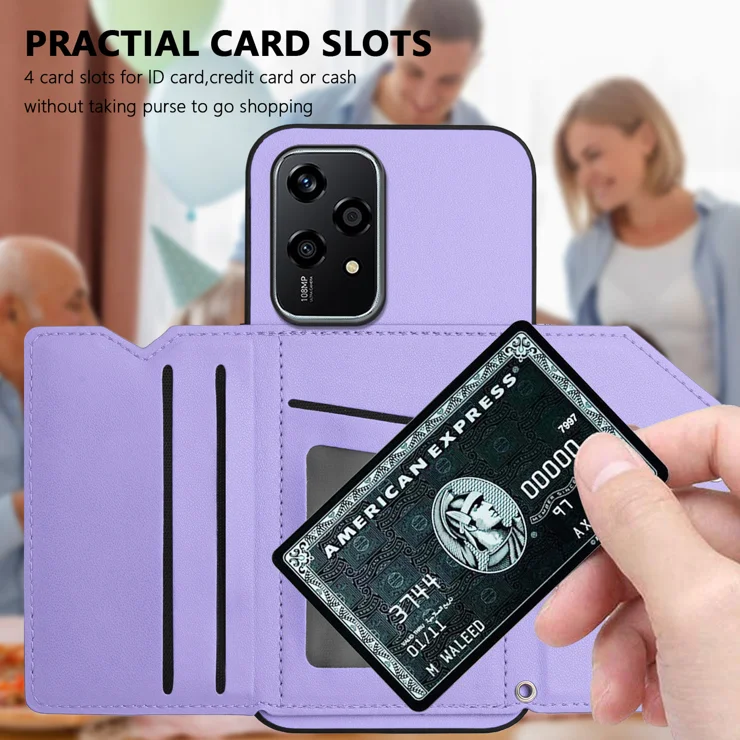 For Honor 200 Lite Case Card Holder Kickstand Skin-Touch Phone Cover with Wrist Strap - Light Purple