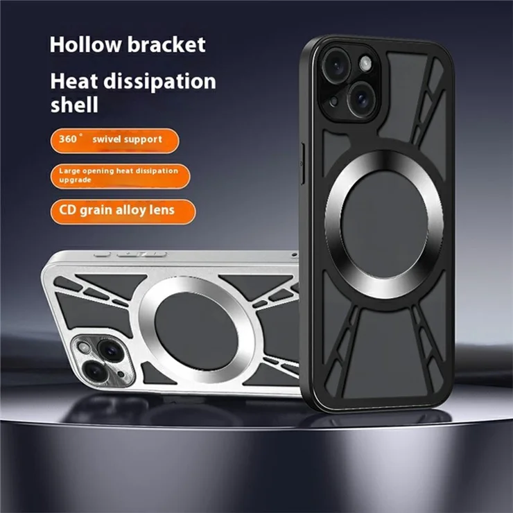 For iPhone 13 Magnetic Case Hollow Heat Dissipation PC + Silicone Phone Cover - Black