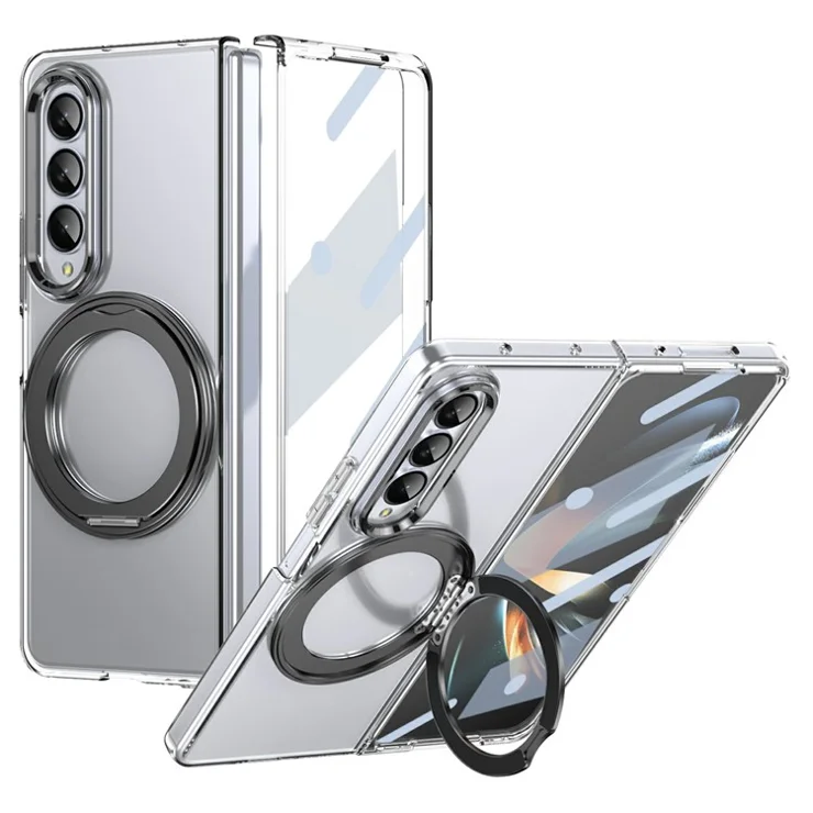 For Samsung Galaxy Z Fold3 5G Case Magnetic Kickstand Clear PC Phone Cover with HD Screen Film - Black
