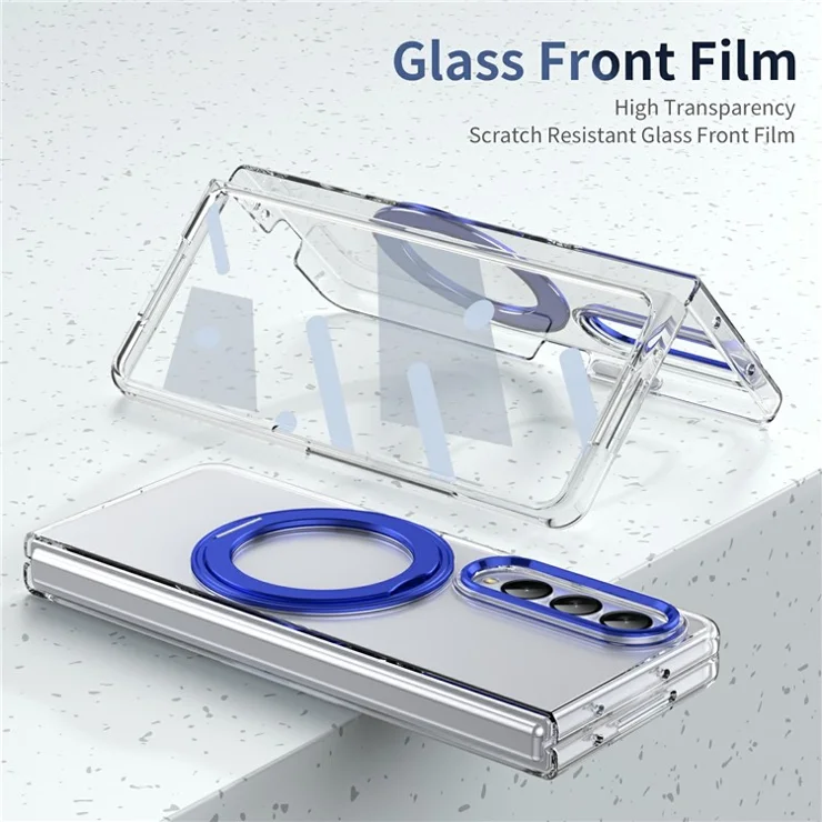 For Samsung Galaxy Z Fold3 5G Case Magnetic Kickstand Clear PC Phone Cover with HD Screen Film - Blue