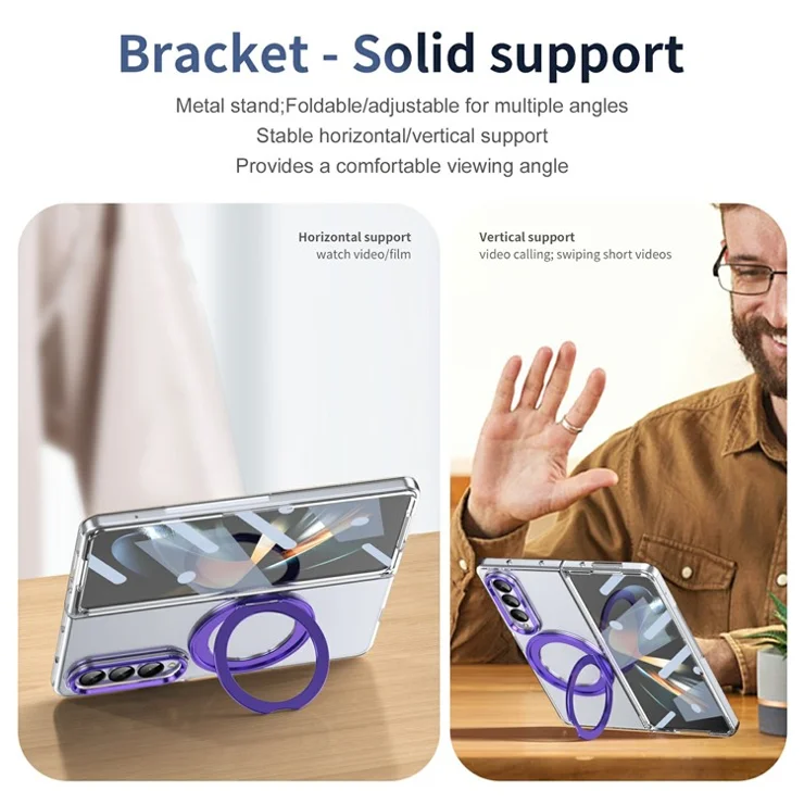 For Samsung Galaxy Z Fold3 5G Case Magnetic Kickstand Clear PC Phone Cover with HD Screen Film - Purple