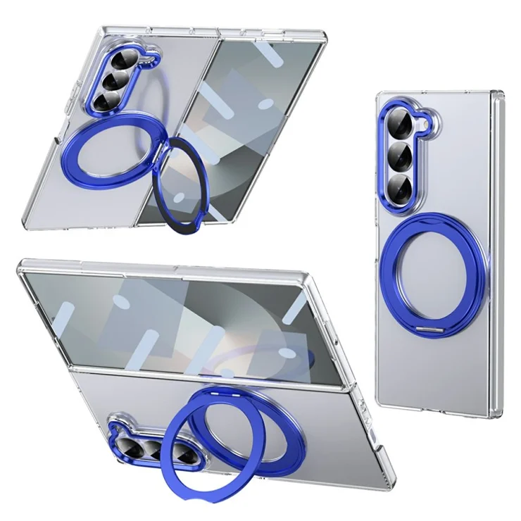 For Samsung Galaxy Z Fold6 5G Case Magnetic Kickstand Clear PC Phone Cover with HD Screen Film - Blue