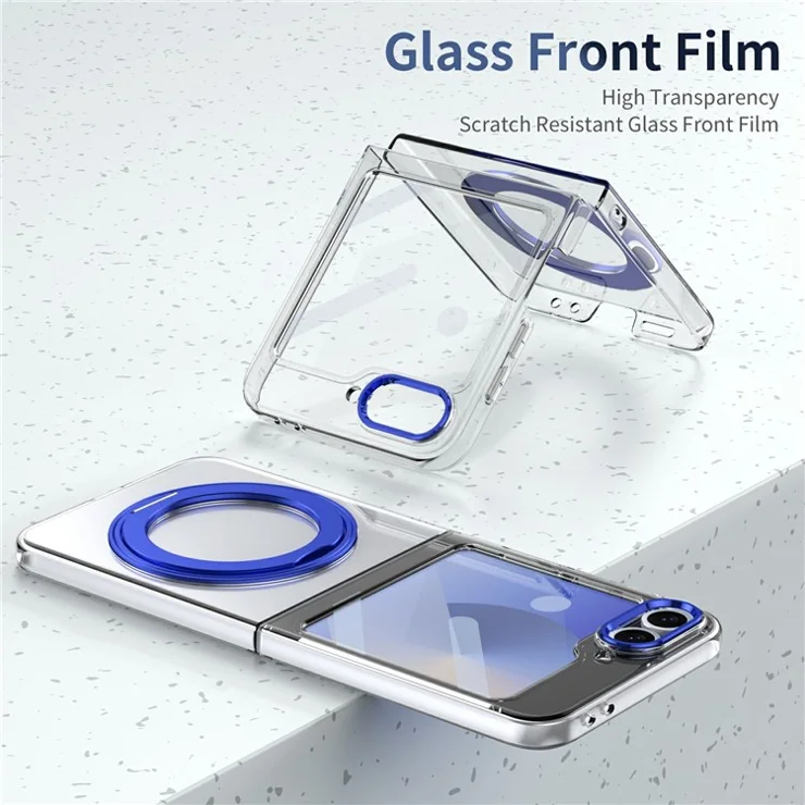 For Samsung Galaxy Z Flip5 5G Case Magnetic Kickstand Clear PC Phone Cover with HD Screen Film - Blue