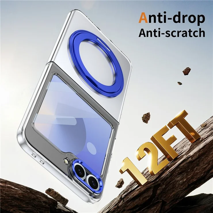 For Samsung Galaxy Z Flip6 5G Case Magnetic Kickstand Clear PC Phone Cover with HD Screen Film - Blue