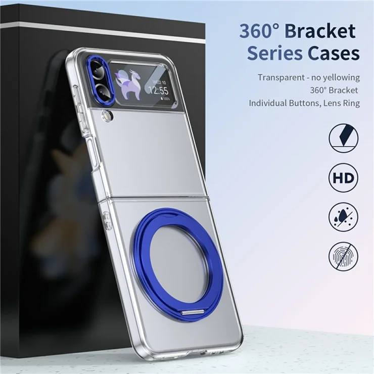 For Samsung Galaxy Z Flip4 5G Case Magnetic Kickstand Clear PC Phone Cover with HD Screen Film - Blue