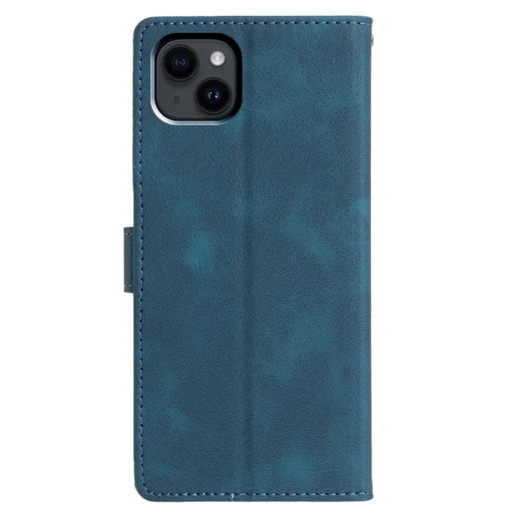 For iPhone 15 Case Wallet Stand Imprinted Triangle Pattern Leather Phone Flip Cover - Blue