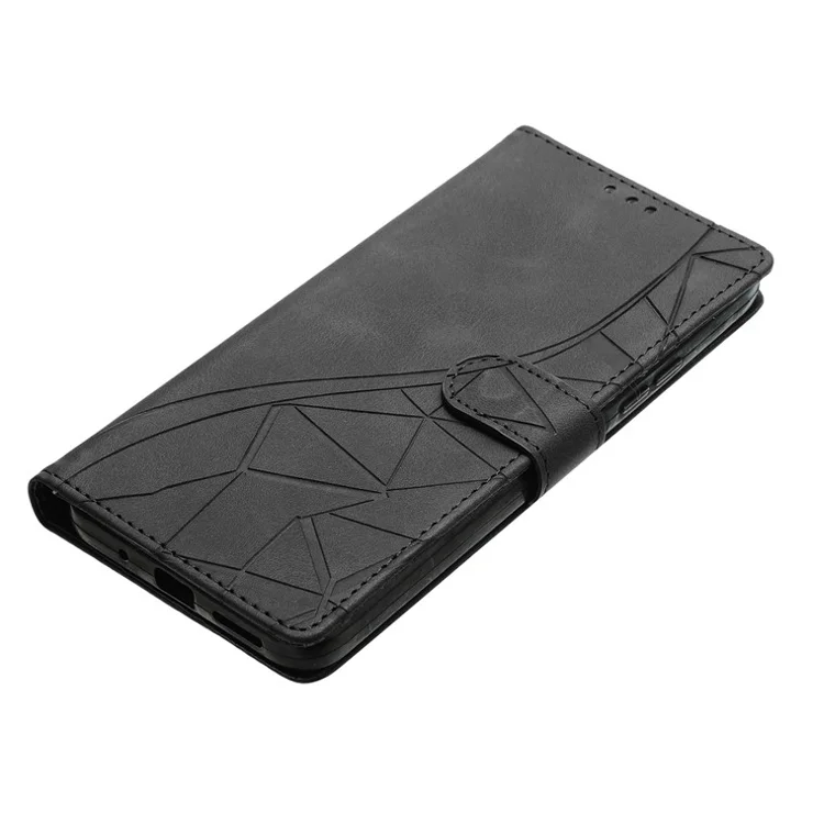 For Samsung Galaxy S24 Ultra Case Wallet Stand Imprinted Triangle Pattern Leather Phone Flip Cover - Black