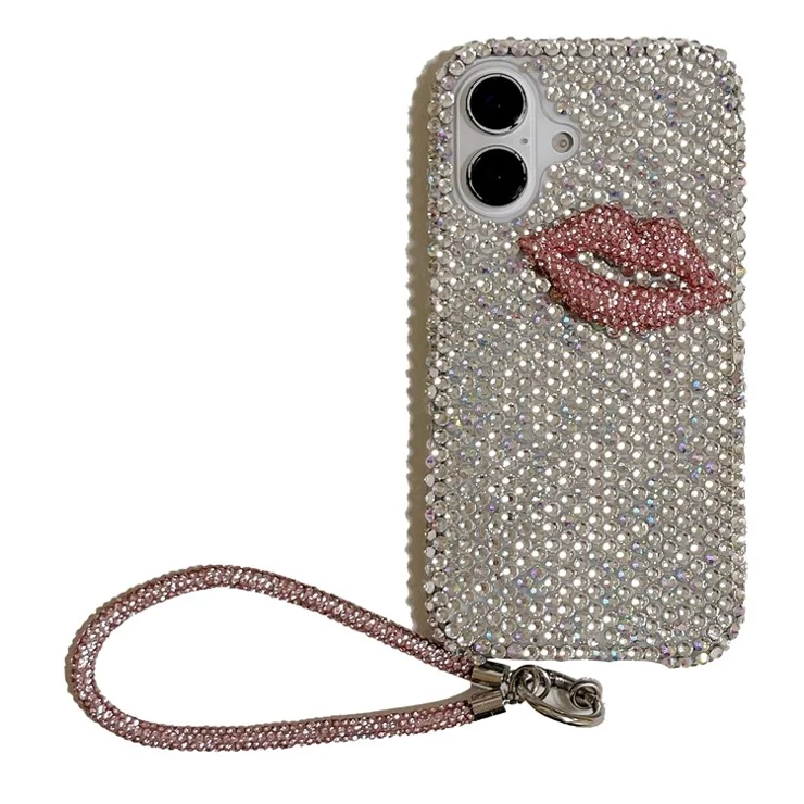 For iPhone 16 Case with Strap Full Rhinestone Lip Decor TPU + PC Phone Back Cover - White