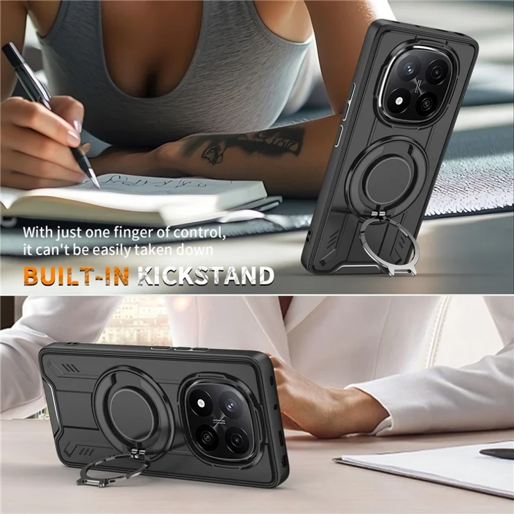 Bulk Purchasing For Xiaomi Redmi Note 14 Pro 4G Case Compatible with MagSafe Rotating Ring Kickstand PC + TPU Shockproof Phone Cover - Black
