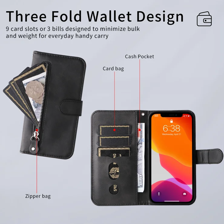 For Honor 400 Lite PU Leather Cases with Zipper Pocket Wallet Phone Cover Stand - Black