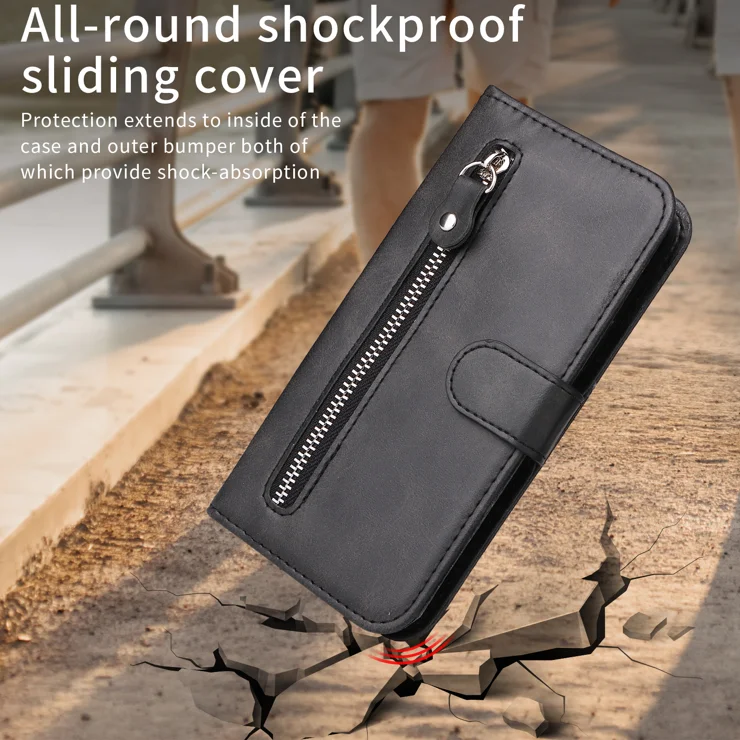 For Honor 400 Lite PU Leather Cases with Zipper Pocket Wallet Phone Cover Stand - Black