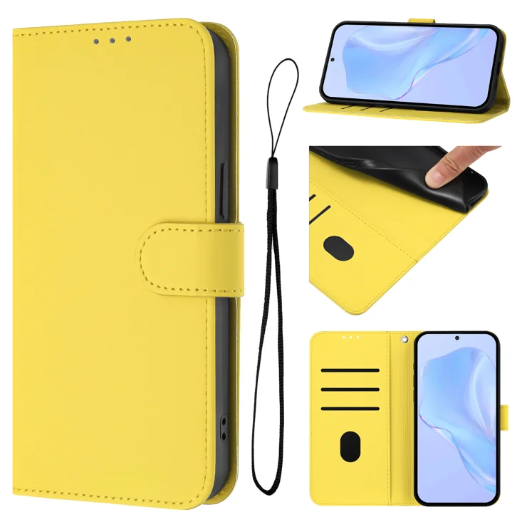 For Xiaomi Poco C71 4G / Xiaomi Redmi A5 4G (171.7*77.8*8.3mm) Case Solid Color Wallet Leather Phone Cover with Strap - Lemon